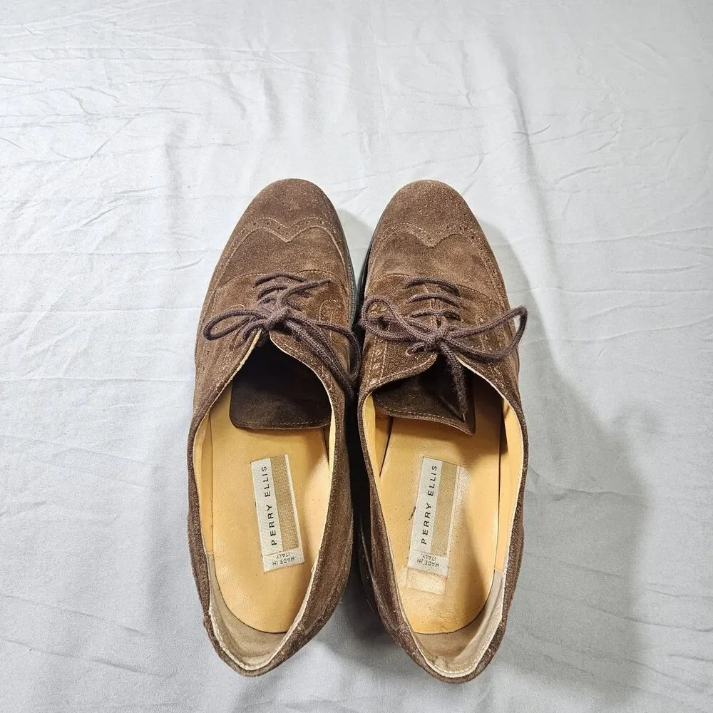 VTG Perry Ellis Made in Italy Brown Suede Wingtip Brogue Dress Shoes Men’s 10 M